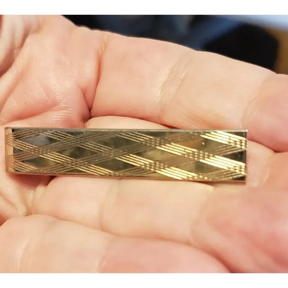 Vintage Diamond Patterned Tie Clip Mid-Century Gold‎ Tone Tie Bar cl-